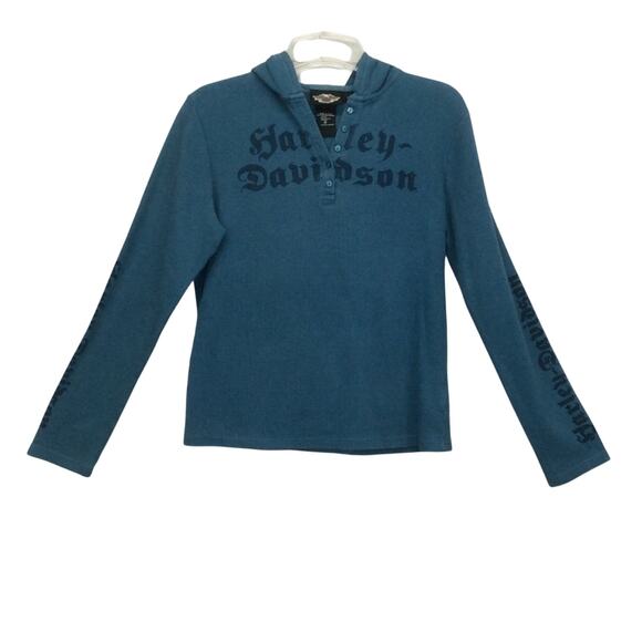 Harley Davidson Henley Shirt Women’s Size L Blue Angel Wings Waffle Knit Hooded - Picture 1 of 9